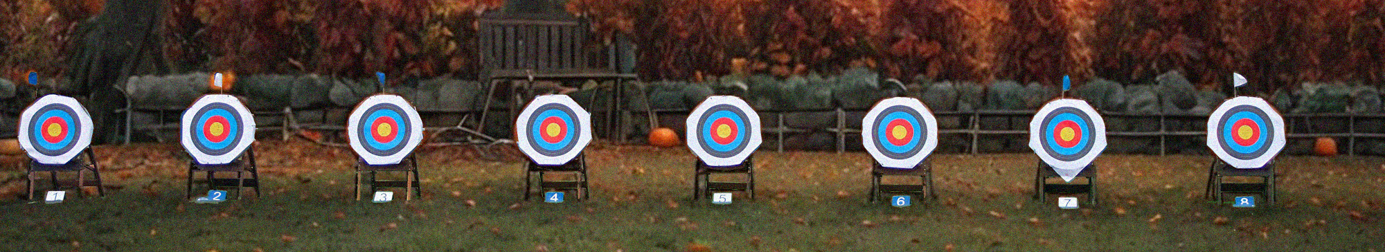 Eine Reihe Turnier-Zielscheiben im FITA-Aussenturnier